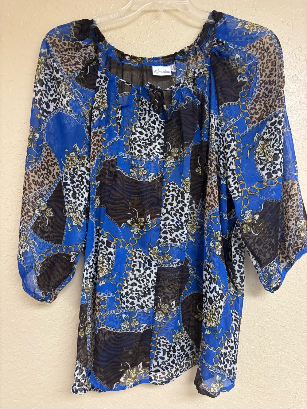 Kim Rogers Blue Patchwork Chain-Print Peasant Blouse